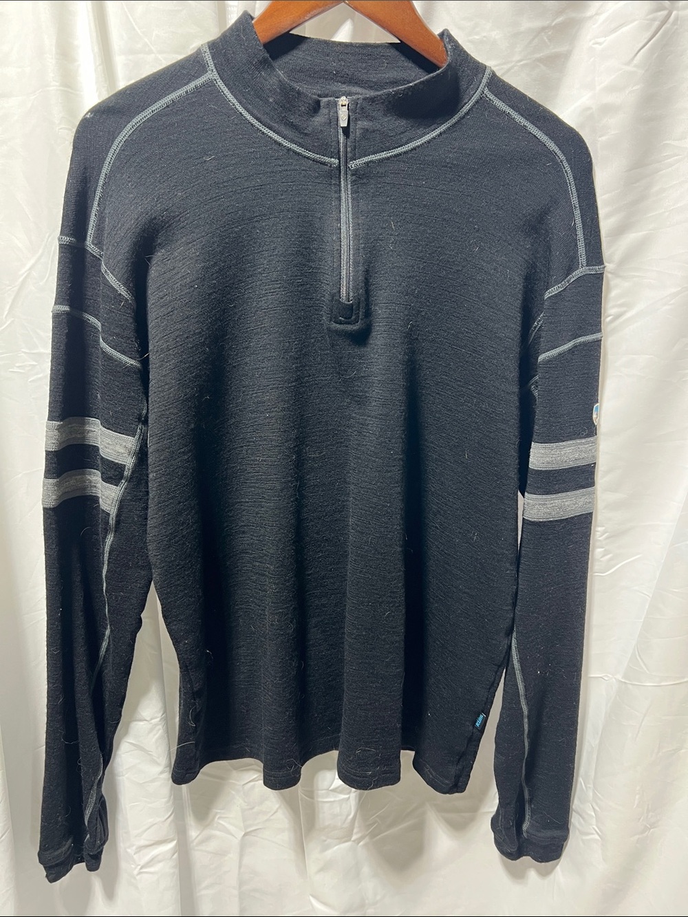 Kuhl Men's Black Zip-Neck Sweater with Gray Stripe Accents